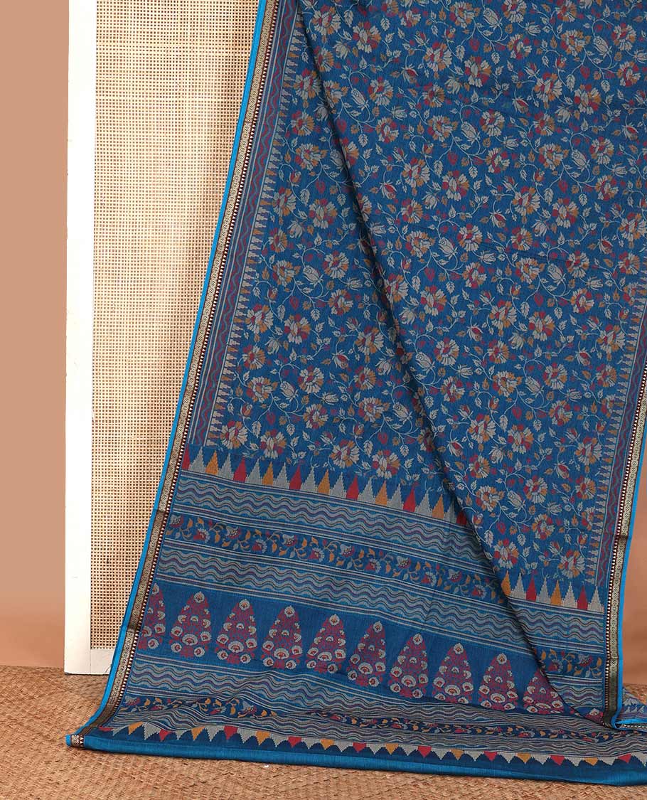 Blue floral vine printed mul mul cotton saree, traditional motifs thread woven border, and pallu printed with floral and geometric motifs