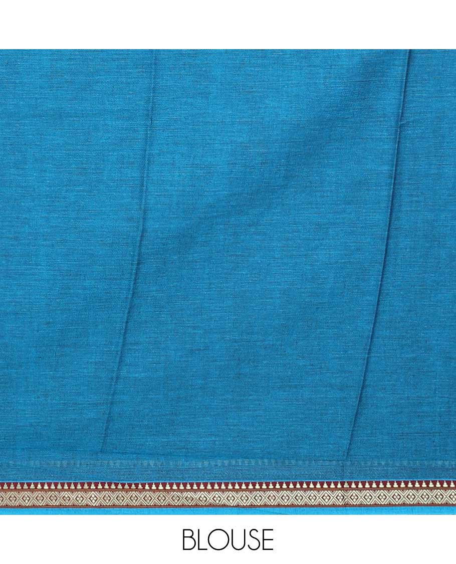 Blue floral vine printed mul mul cotton saree, traditional motifs thread woven border, and pallu printed with floral and geometric motifs