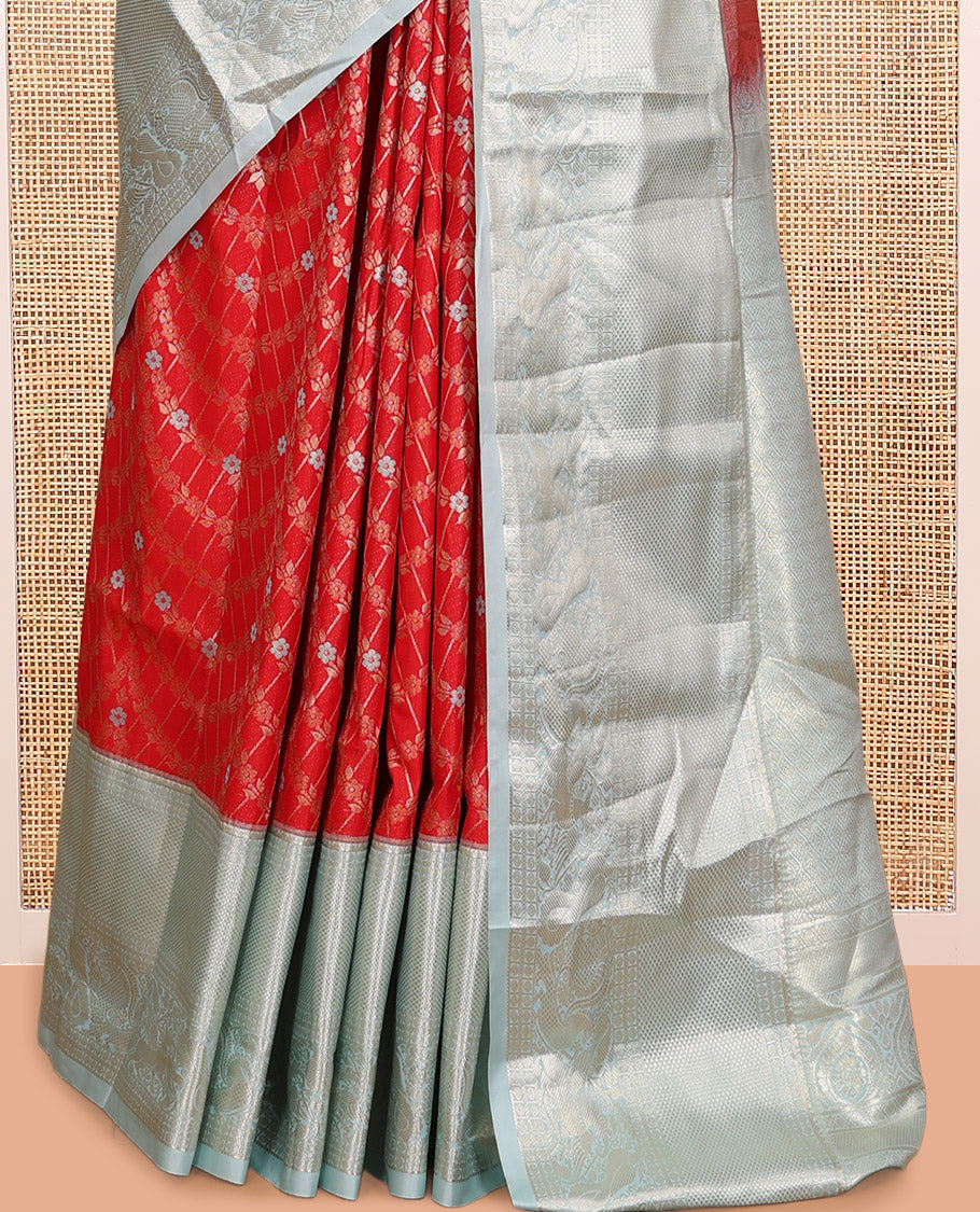 Red-Blue Scallop Jacquard Budget Silk Saree, Contrast Traditional Border, Jaal Pallu, and Contrast Blouse
