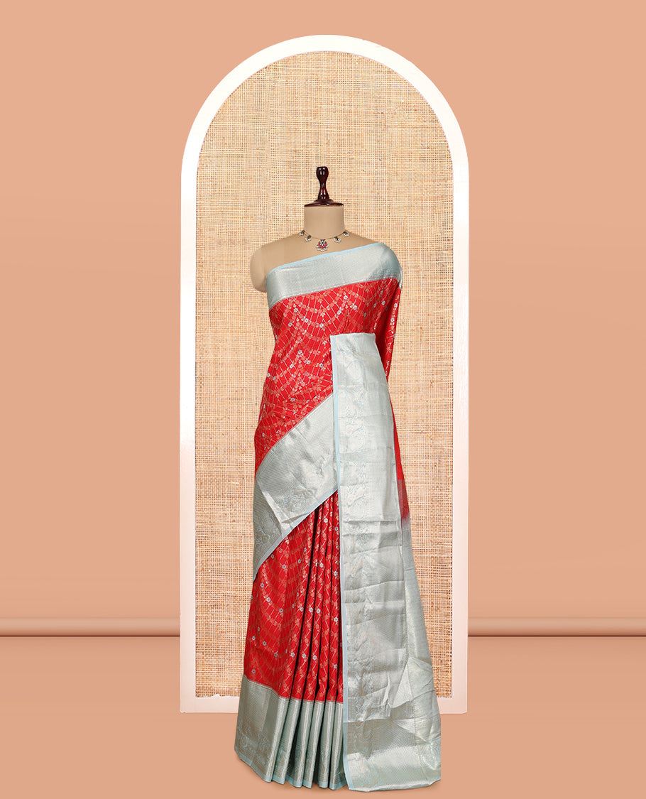 Red-Blue Scallop Jacquard Budget Silk Saree, Contrast Traditional Border, Jaal Pallu, and Contrast Blouse