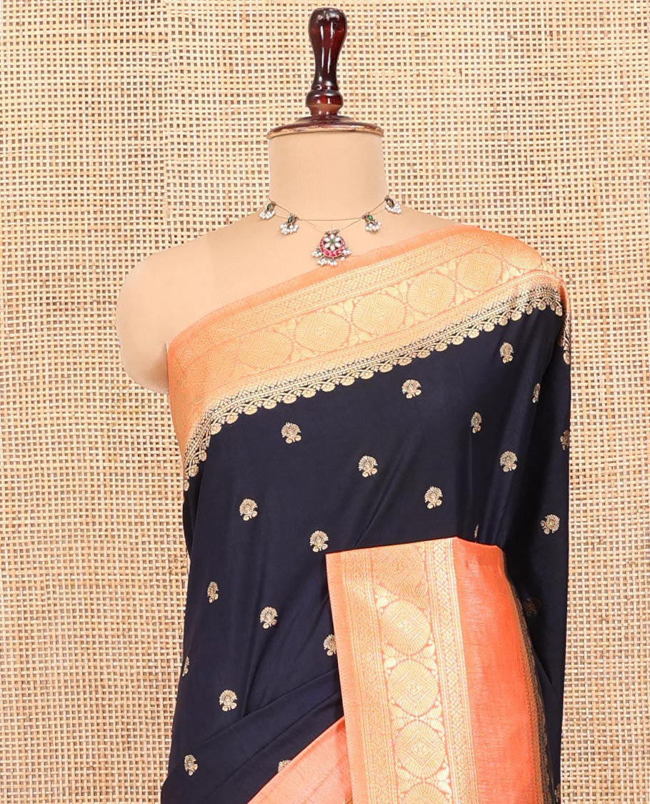 Navy Blue Dupion Silk Saree, Adorned with Buttas All Over Its Body, Complemented by Contrast Traditional Border of Paisleys and Chakram Designs, Intricately Designed Pallu, and Paired with a Contrast Blouse
