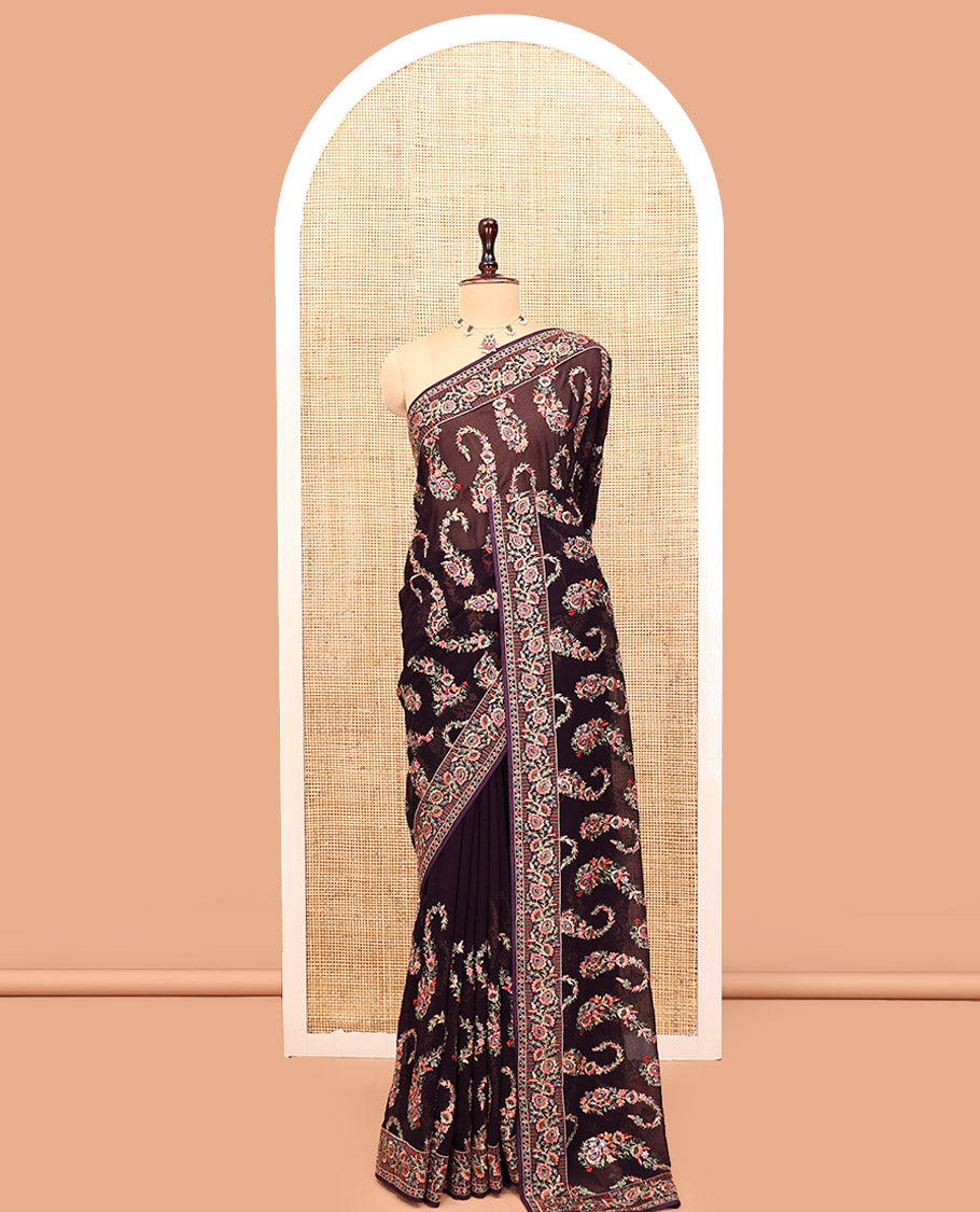 Purple Georgette Designer Saree Features Color-Thread Paisley Embroidery, Matching Blouse