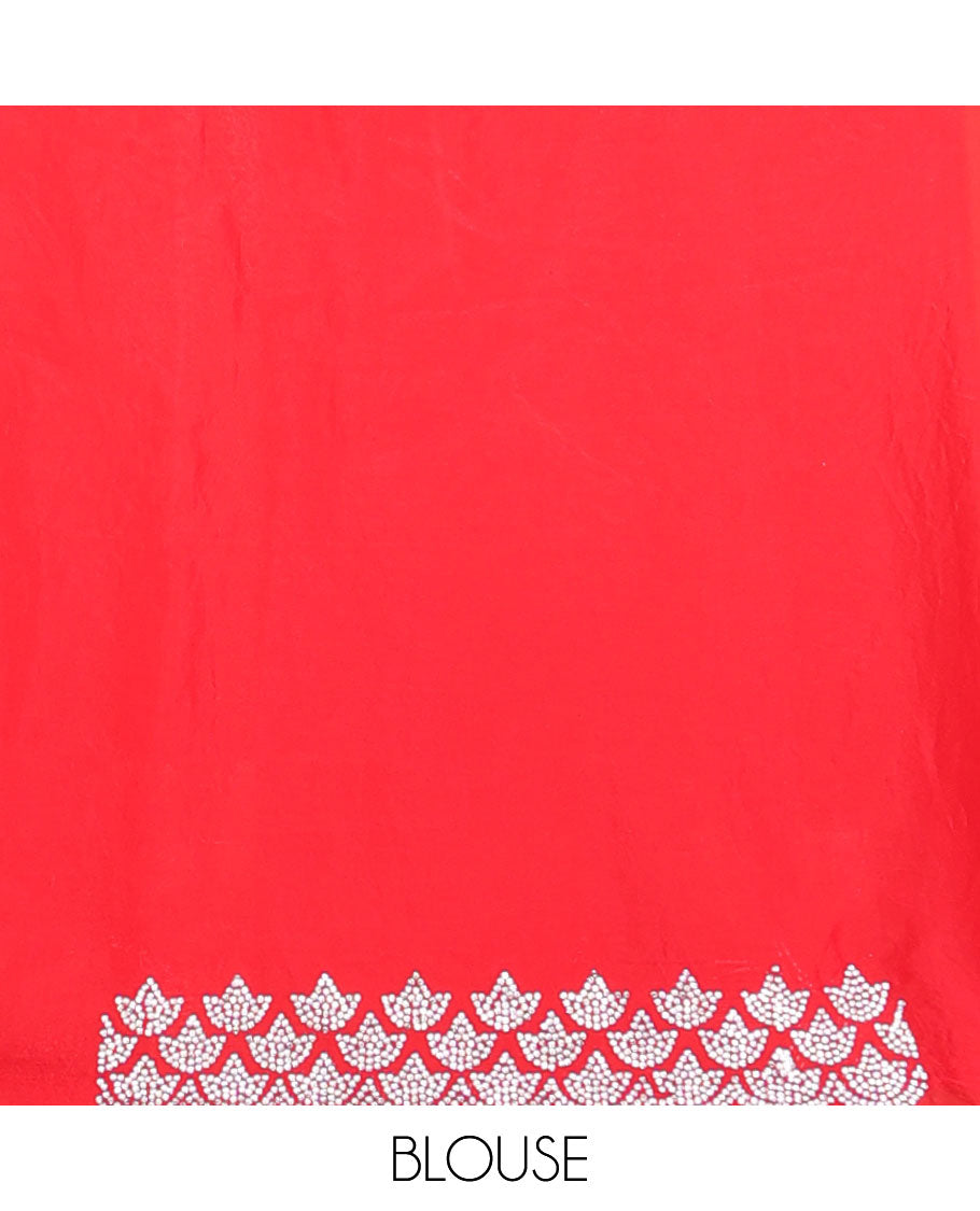 Red stone embroidered motifs designer saree, stone embroidered border