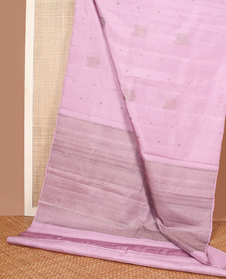 Borderless pink zari buttas Kanchipuram silk saree, self-pallu of rekku,kathir,rudraksham,vanki & mayil kann
