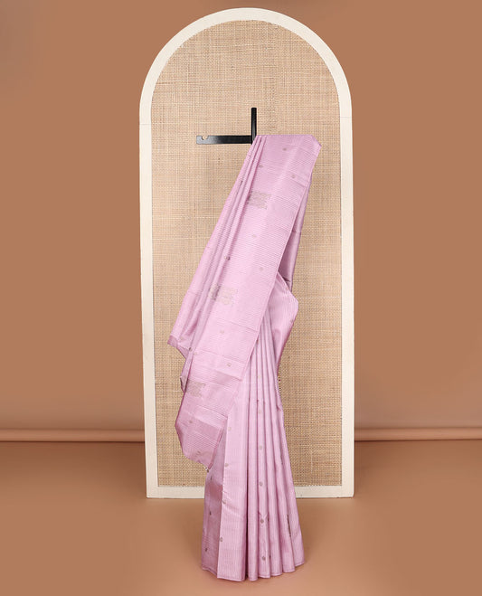 Borderless pink zari buttas Kanchipuram silk saree, self-pallu of rekku,kathir,rudraksham,vanki & mayil kann