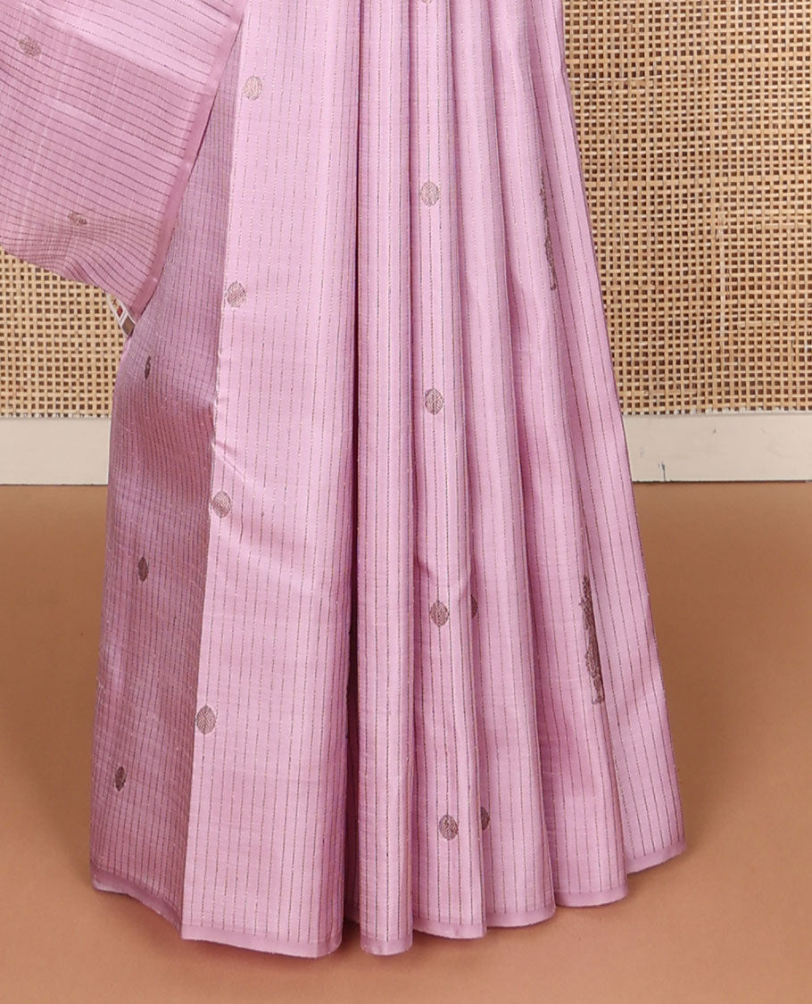 Borderless pink zari buttas Kanchipuram silk saree, self-pallu of rekku,kathir,rudraksham,vanki & mayil kann