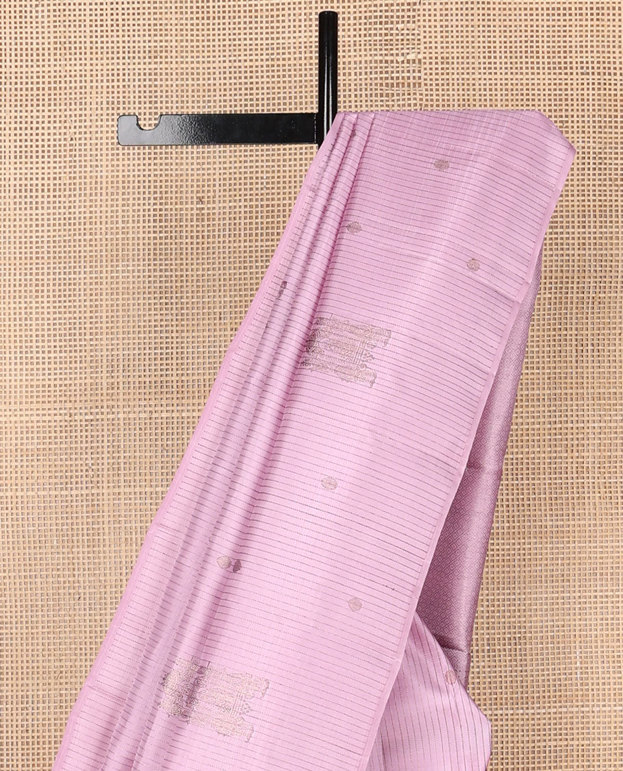 Borderless pink zari buttas Kanchipuram silk saree, self-pallu of rekku,kathir,rudraksham,vanki & mayil kann