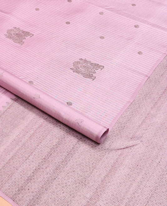 Borderless pink zari buttas Kanchipuram silk saree, self-pallu of rekku,kathir,rudraksham,vanki & mayil kann