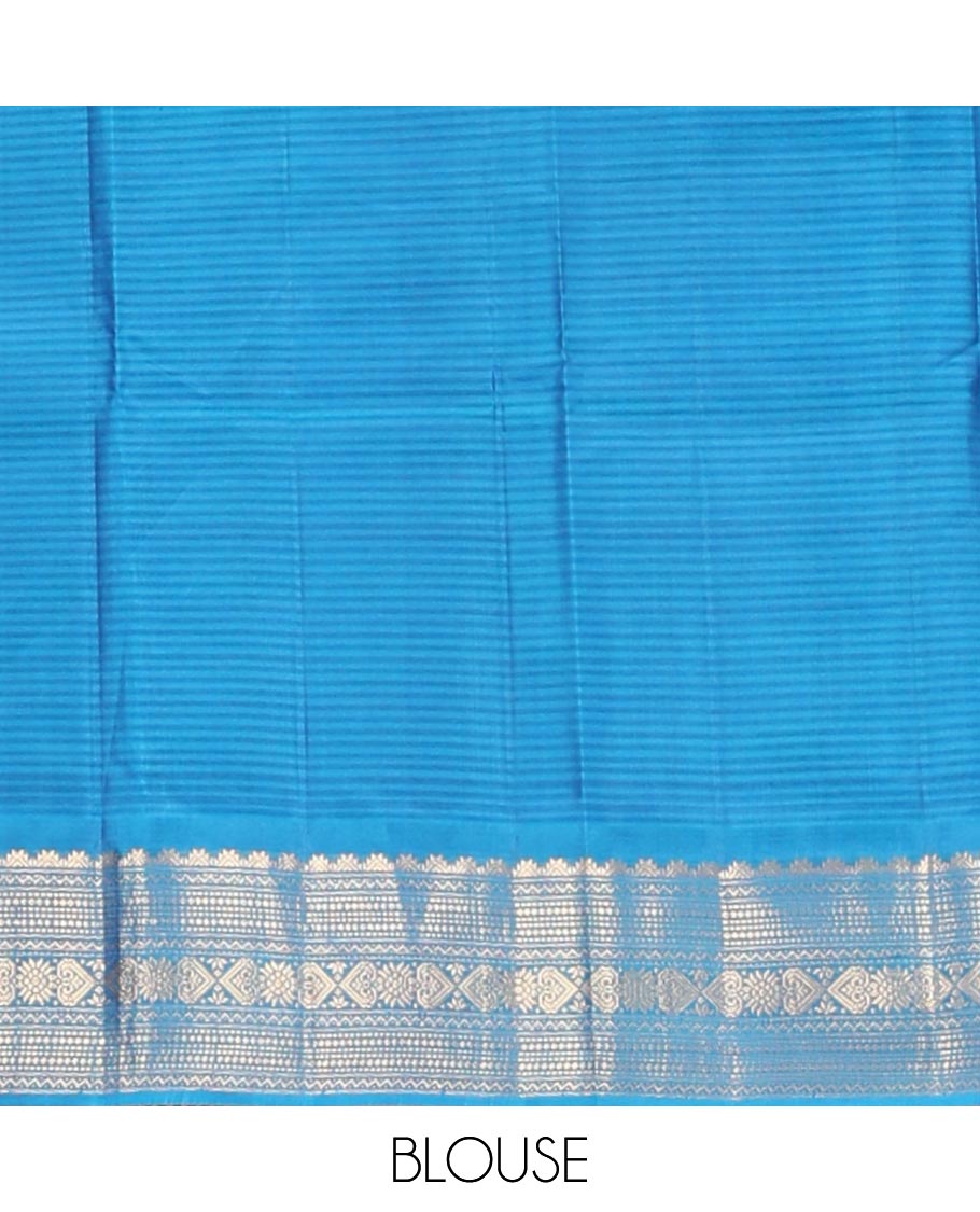 Blue striped & zari buttas silk saree, contrast border of thazampoo rekku,neli,muthu,chakram & jada nagam & zari design pallu