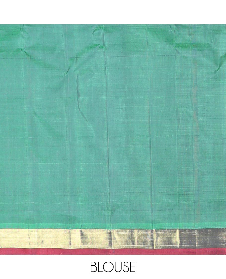 Dark blue zari buttas Kanchipuram silk saree, contrast bavanji border, and floral zari design pallu