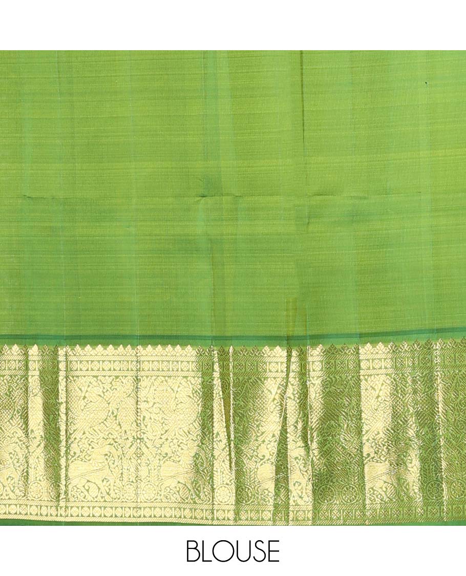 Yellow floral printed silks saree, contrast zari border of rudraksham, banaras, mayil, yaanai, and yaali designs, and jaal pallu