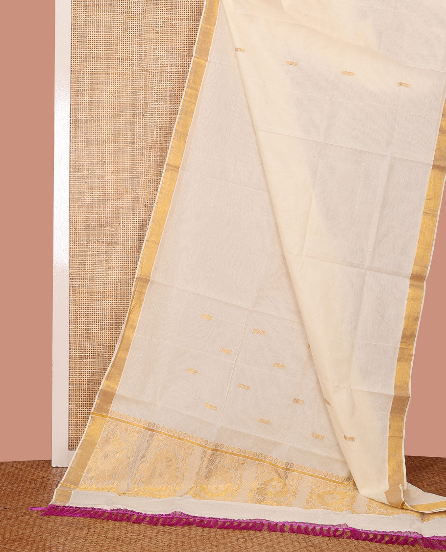 Cream Kerala Saree, Subtly Woven with Zari Buttas on Its Body, Bavanji Zari Border, Sparkling Zari-Woven Pallu of Intricate Designs, and Paired with a Matching Blouse