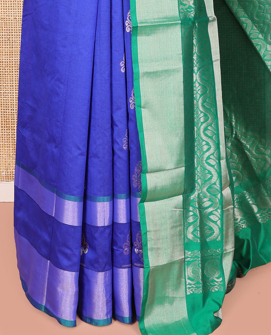 Blue Kuppadam Cotton Saree, Adorned with Meena Buttas All Over Its Body, Complemented by a Bavanji Border, Captivating Contrast Pallu of Ogee Patterns, and Paired with a Contrast Blouse