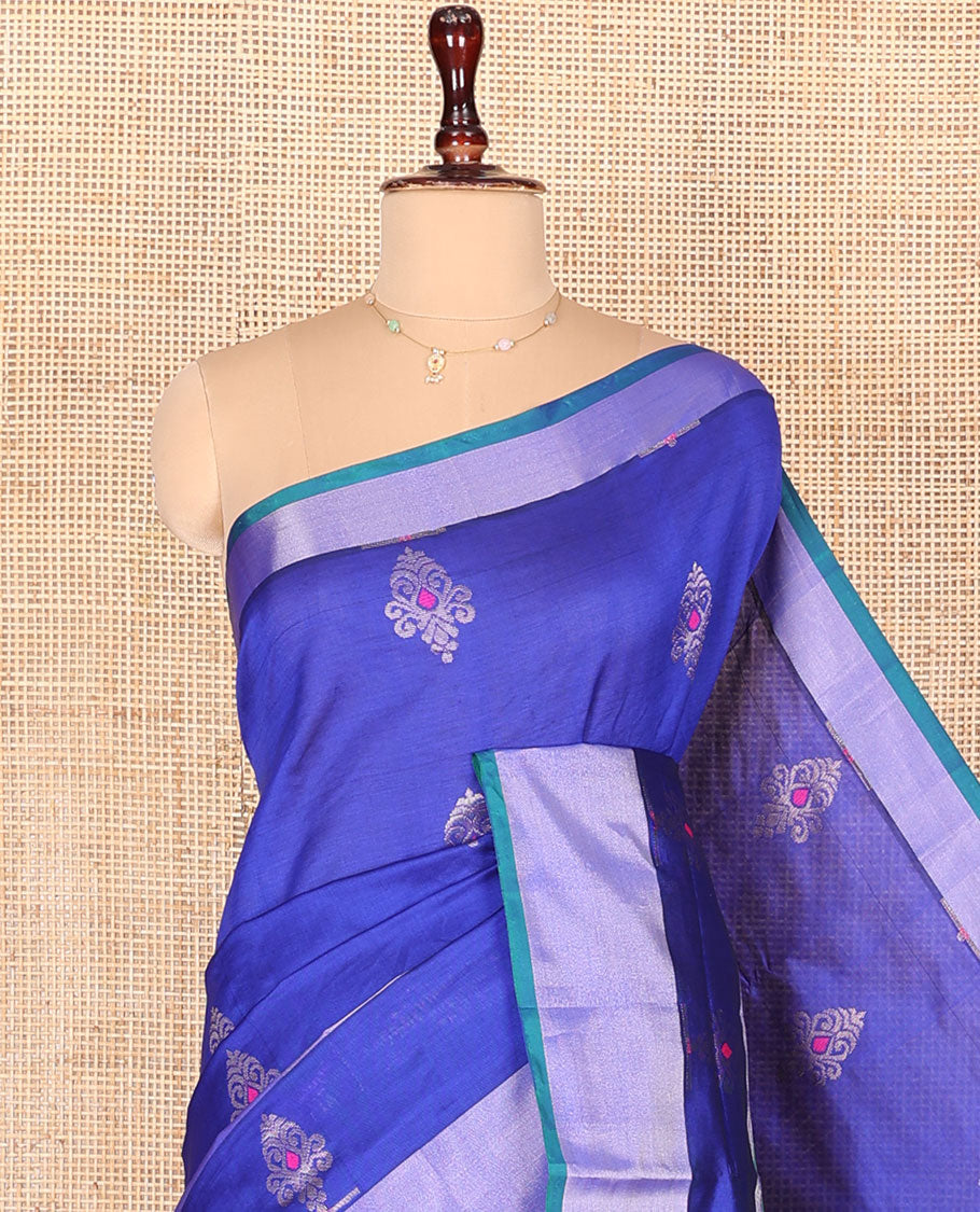 Blue Kuppadam Cotton Saree, Adorned with Meena Buttas All Over Its Body, Complemented by a Bavanji Border, Captivating Contrast Pallu of Ogee Patterns, and Paired with a Contrast Blouse