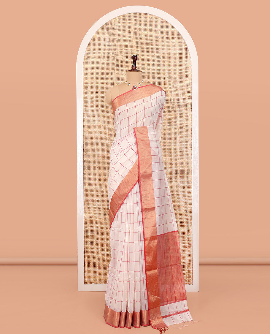 Cream Checked Maheshwari Cotton Saree, Complemented by a Contrast Zari Textured Border, Gleaming Pallu, and Paired with a Contrast Blouse