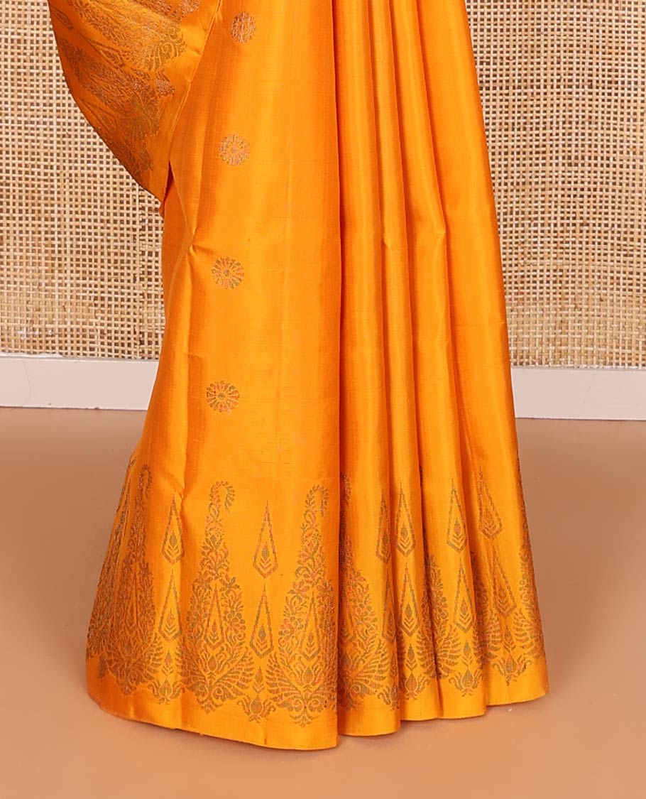 Borderless yellow zari buttas soft silk saree, zari woven pallu of jaal design