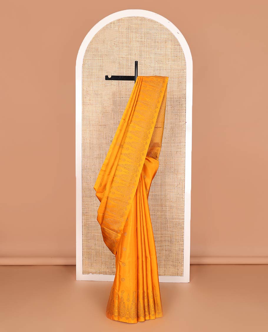 Borderless yellow zari buttas soft silk saree, zari woven pallu of jaal design