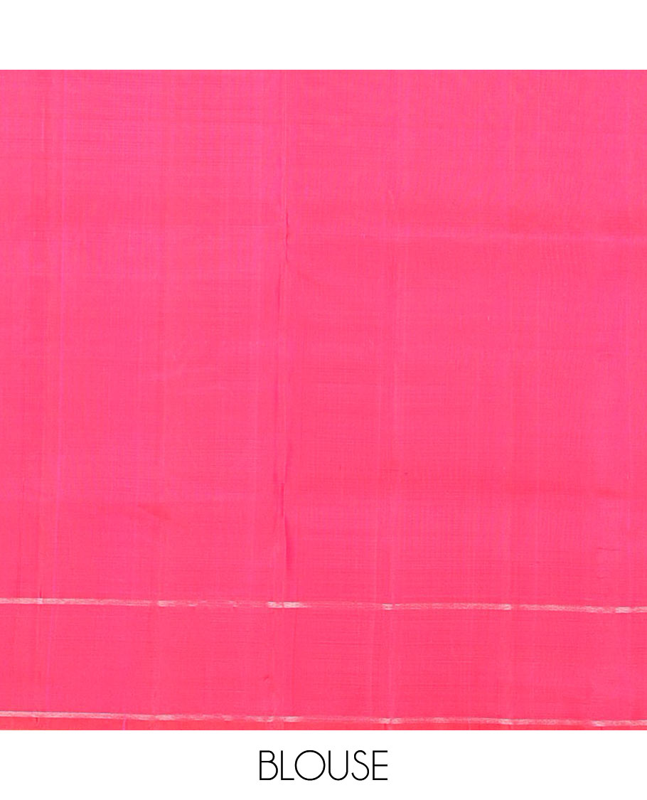 Pink flamingo zari buttas soft silk saree, zari striped border, and zari-rich jaal pallu