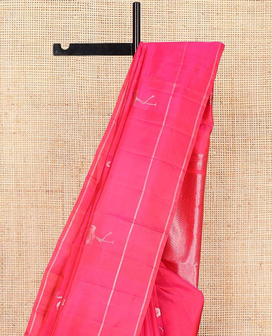 Pink flamingo zari buttas soft silk saree, zari striped border, and zari-rich jaal pallu