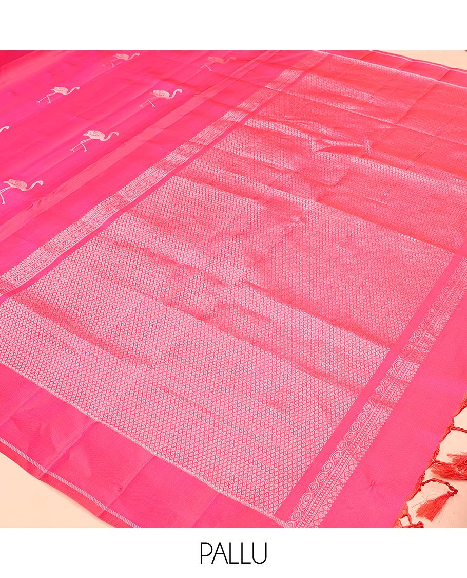 Pink flamingo zari buttas soft silk saree, zari striped border, and zari-rich jaal pallu
