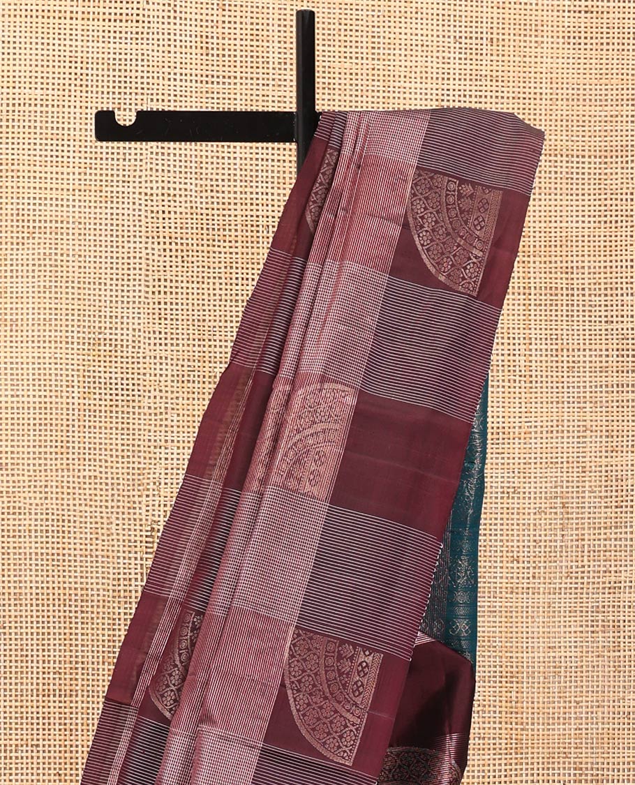 Borderless Maroon Mayuri Lite Silk Mix Saree, Majestically Detailed with Zari Buttas and Checks on Its Body, Complemented by a Contrast Pallu of Intricate Designs, and Paired with a Contrast Blouse