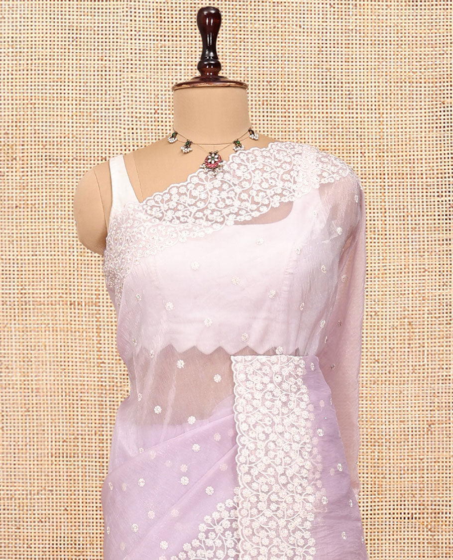 Pale Lavender Organza Saree, Finely Crafted with Flower-Embroidered Motifs, a Scallop Floral Embroidered Border, and a Matching Blouse