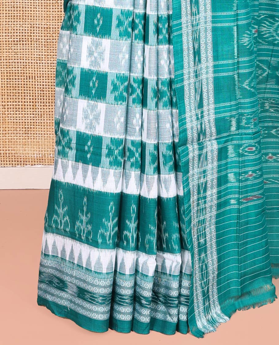 Blue Odisha Cotton Saree, Adorned with Butta Enclosed Checks and Temple Designs All Over the Body, Subtly Woven Border, Pallu Depicts Geometric Patterns, and Has No Blouse