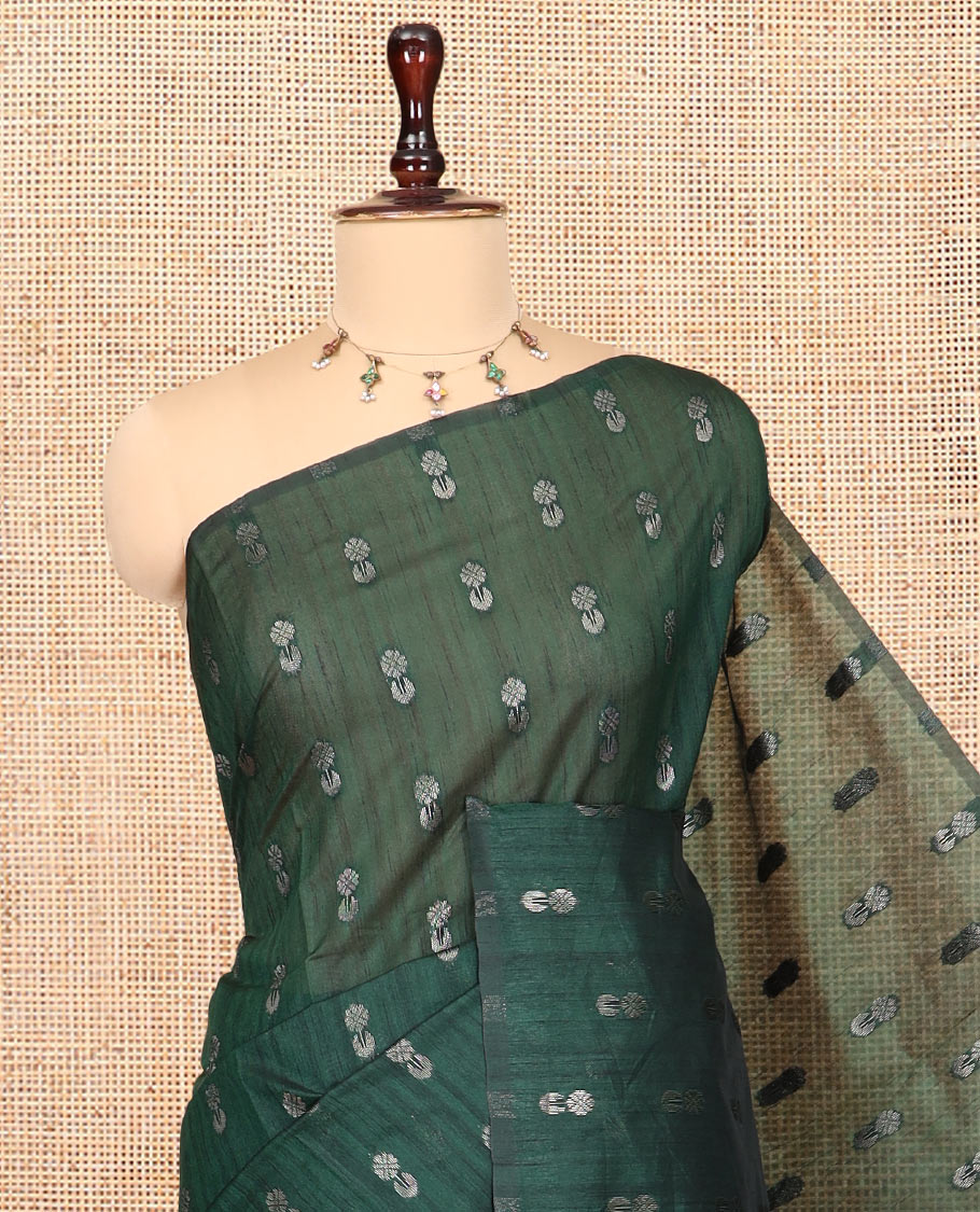 Borderless Bottle Green Jute Cotton Saree, Adorned with Zari Buttas, Contrast Intricate Pallu, a Contrast Blouse