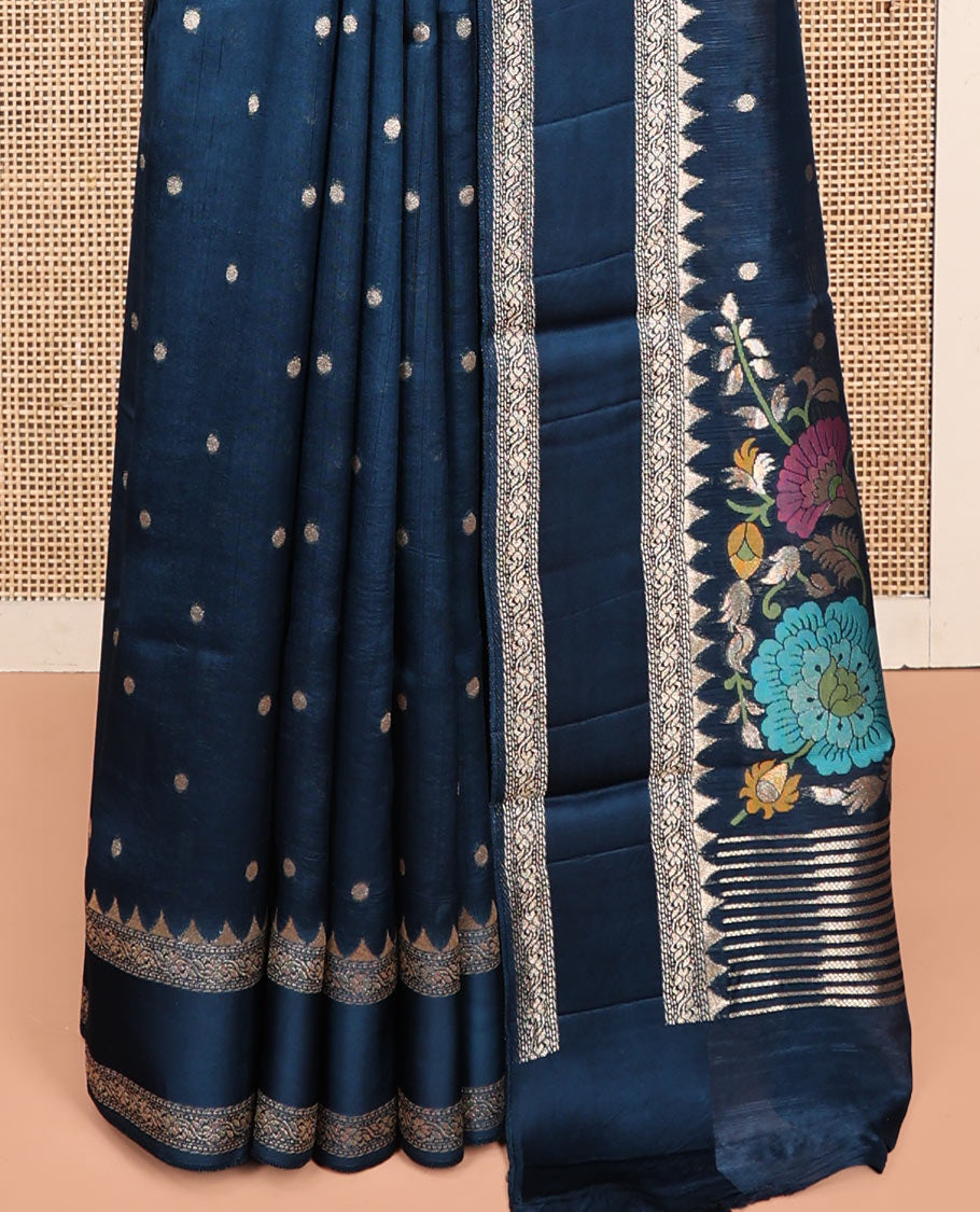 Blue Matka Silk Saree, Accentuated with Buttas All Over Its Body, Highlighted by Temple Rettai Pettu Border, Pallu of Meenakari Flora Designs, and Paired with a Matching Blouse