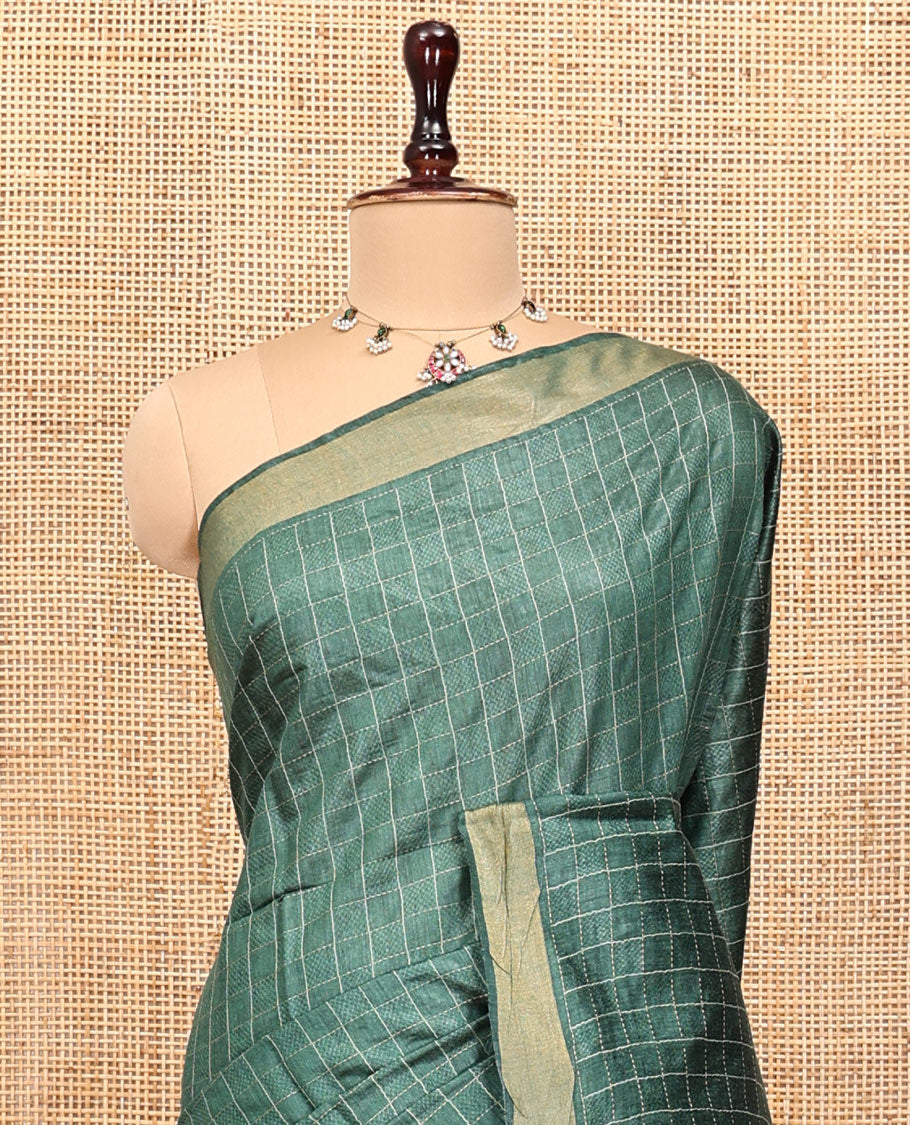 Green Tussar Silk Saree, Crafted with Checks, a Subtle Border, a Self-Pallu, and a Matching Blouse