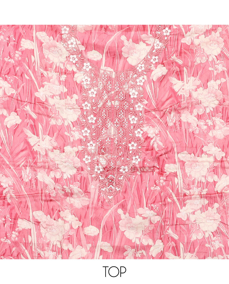 Pink material chudidar set, floral silhouette print and neck embroidered top, plain bottom, and floral jaal embroidered dupatta