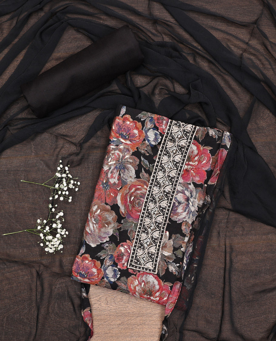 Black Material Chudidar Set, Adorned with Colorful Floral Motifs Print on Rayon Top, a Contrast Plain Cotton Bottom, and Paired with a Plain Chiffon Dupatta