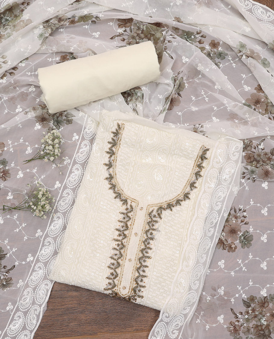Cream Material Chudidar Set, Beautified with Chikankari-Style Thread and Sequins Embroidered on Georgette Top, a Plain Santoon Bottom, and Paired with a Floral Print and Chikankari-Style Embroidered Georgette Dupatta