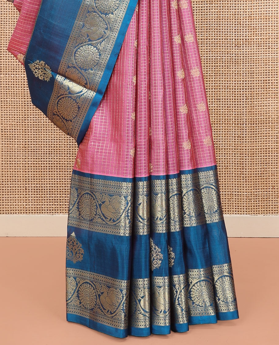 Pink Venkatagiri Silk Saree, Enlivened with Zari Buttas Enclosed Checks All Over Its Body, Complemented by a Contrast Traditional Zari Design Border of Peacock-Chakram Designs, Traditional Design Pallu, and Paired with a Contrast Blouse