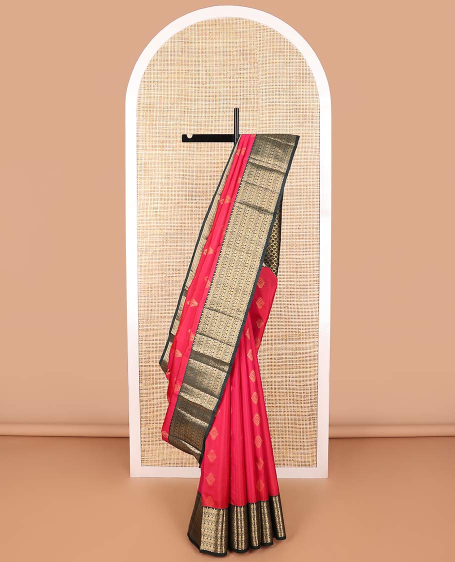 Red geometric design vasundhara elite silk saree with contrast taditional zari design border & leaf design pallu