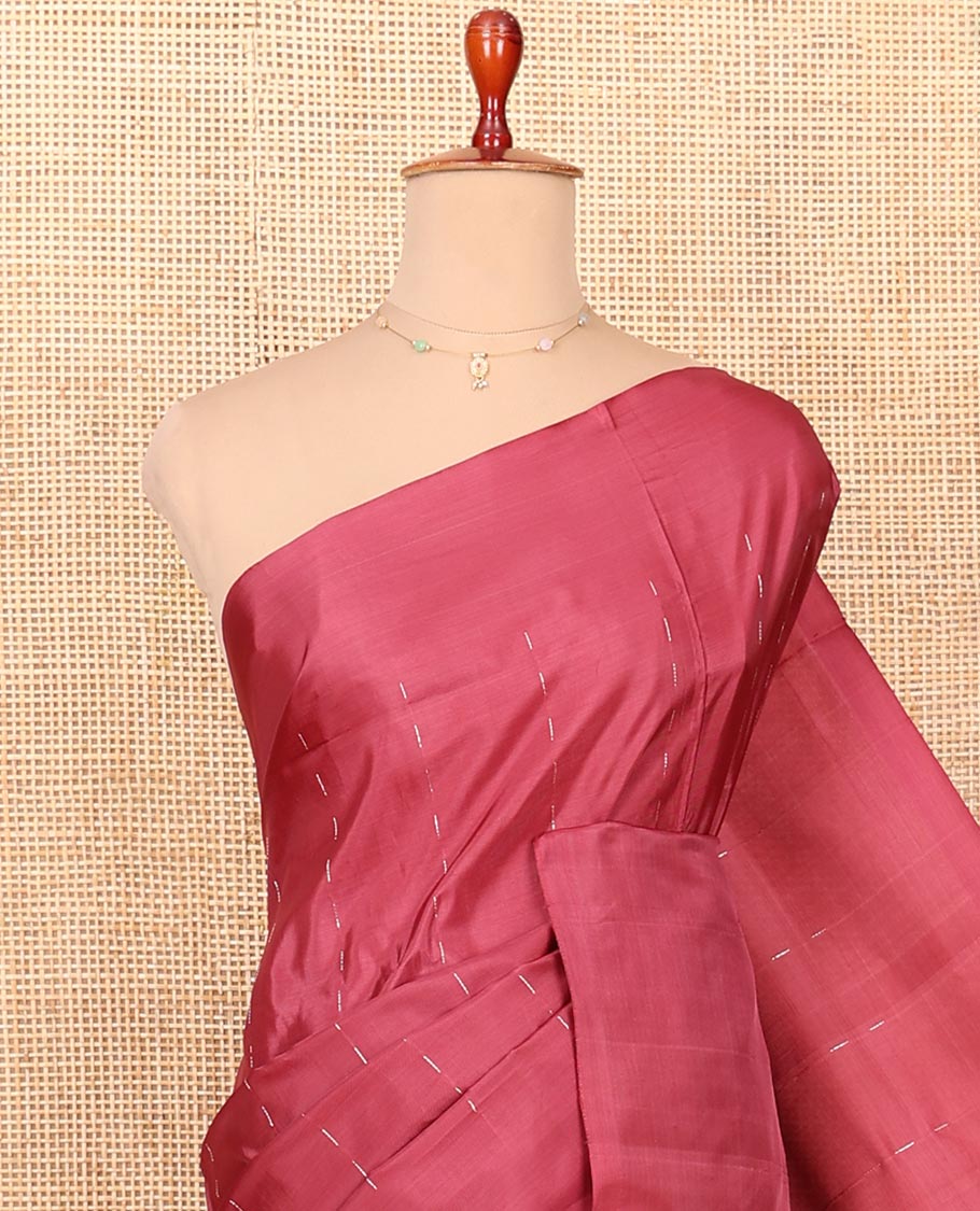 Borderless Light Maroon Banana Pith Saree Prettified with Dotted Stripes, Complemented by a Contrasting Pallu Steeped with Stripes, and Paired with a Contrast Plain Blouse