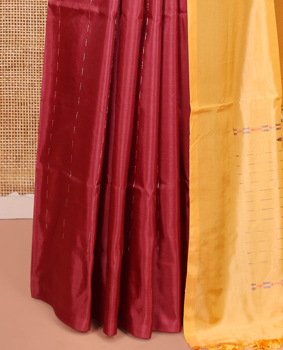 Borderless Light Maroon Banana Pith Saree Prettified with Dotted Stripes, Complemented by a Contrasting Pallu Steeped with Stripes, and Paired with a Contrast Plain Blouse
