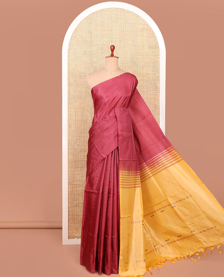 Borderless Light Maroon Banana Pith Saree Prettified with Dotted Stripes, Complemented by a Contrasting Pallu Steeped with Stripes, and Paired with a Contrast Plain Blouse