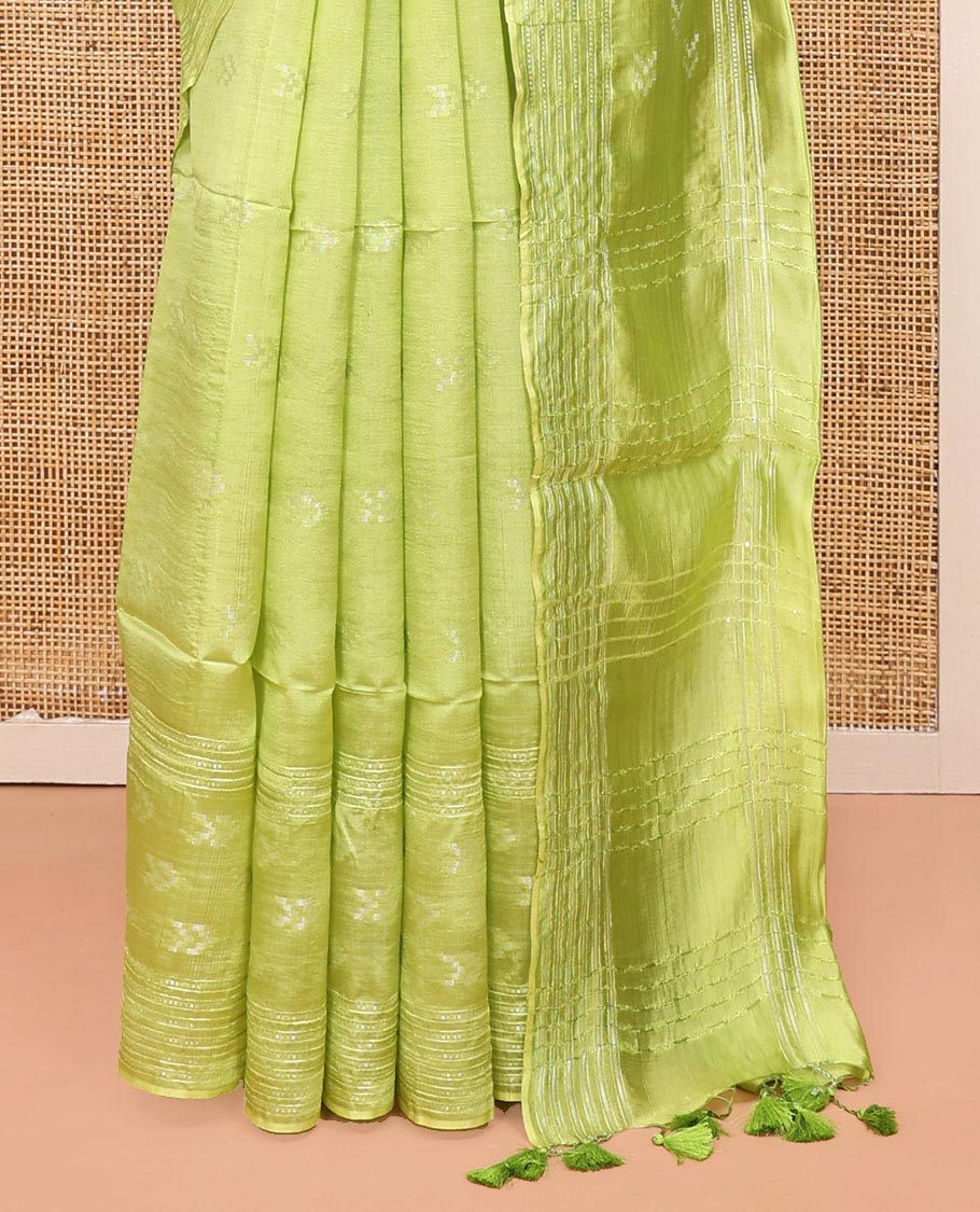 Green Banana Pith Saree, Sparsely Woven with Buttas All Over Its Body, Subtle Striped Border, Pallu Steeped with Stripes, and Paired with a Matching Blouse
