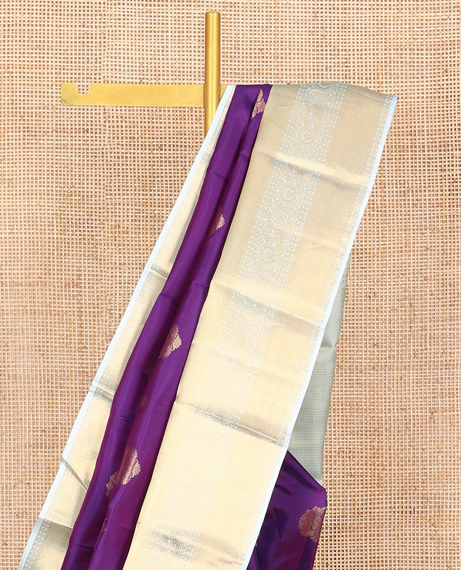 Violet Vasundhara Silk Saree, Richly Detailed with Zari Buttas, Complemented by a Contrast Border of Rekku, Rudraksham, Mayil Kann, and Mayil Designs, Pallu Beautified with Chevron Designs, and Paired with a Contrast Blouse