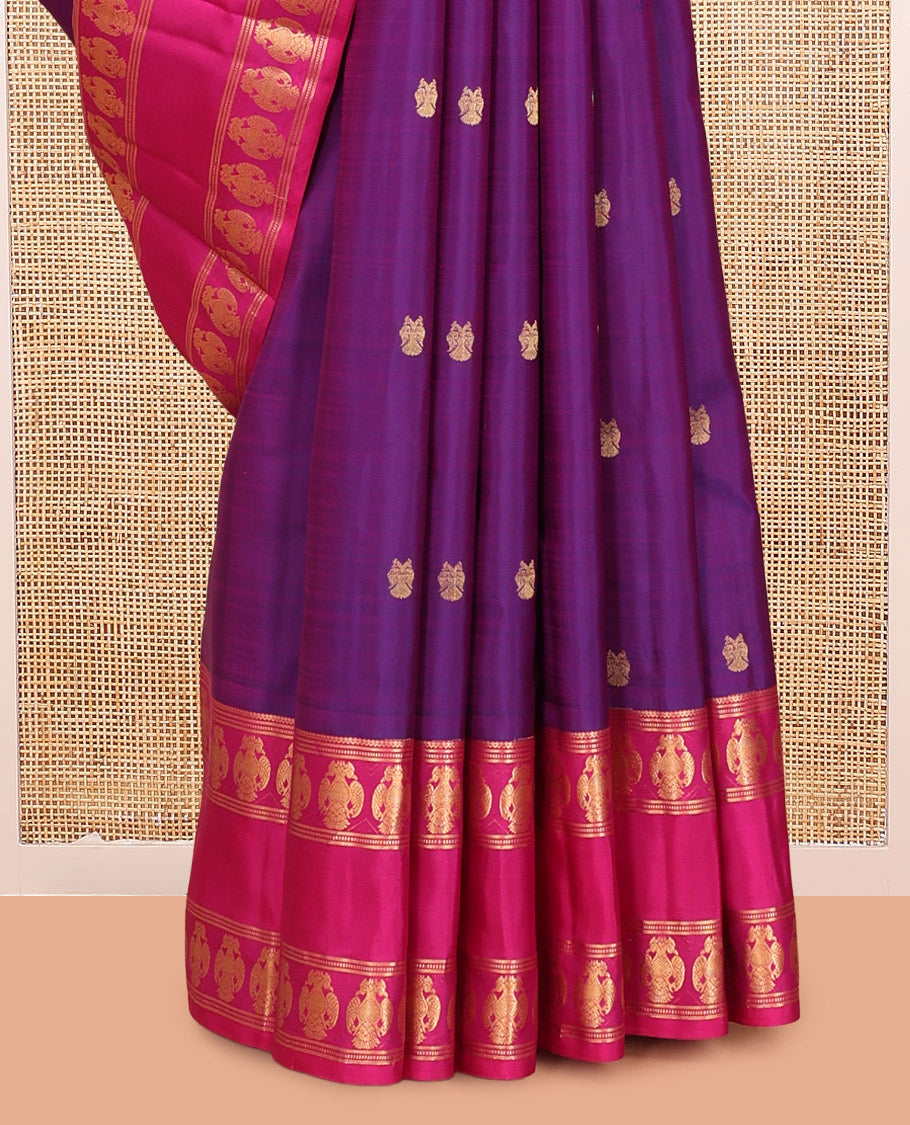 Purple Vasundhara Silk Saree, Woven with Iruthalai Pakshi Buttas, a Contrast Rettai Pettu Border of Iruthalai Pakshi Designs, Grand Pallu, and a Contrast Blouse
