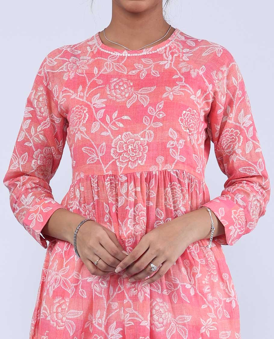 Twara pink floral vine design with sequins embroidery 3/4th sleeve round neck top