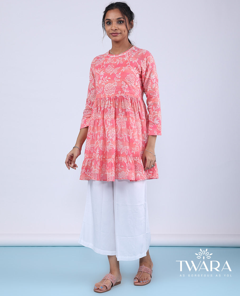 Twara pink floral vine design with sequins embroidery 3/4th sleeve round neck top