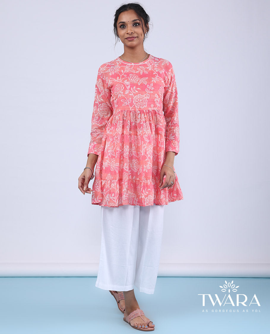 Twara pink floral vine design with sequins embroidery 3/4th sleeve round neck top