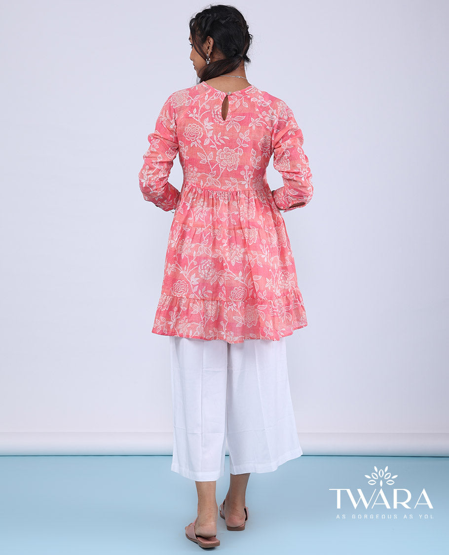 Twara pink floral vine design with sequins embroidery 3/4th sleeve round neck top