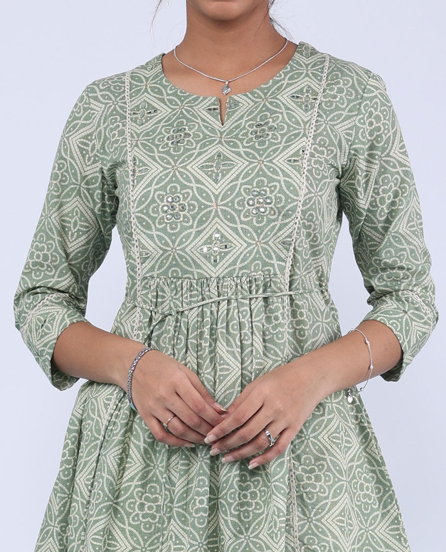 Twara green bandhani-style intricately printed with mirror embroidery 3/4th sleeve tie-up top