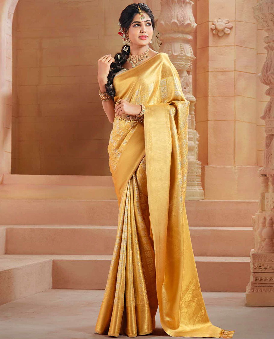 Gold zari jacquard silksaree, zari border of muthu,kodi visiry & chevron designs & bogudi,kuyil kann & zari stripes