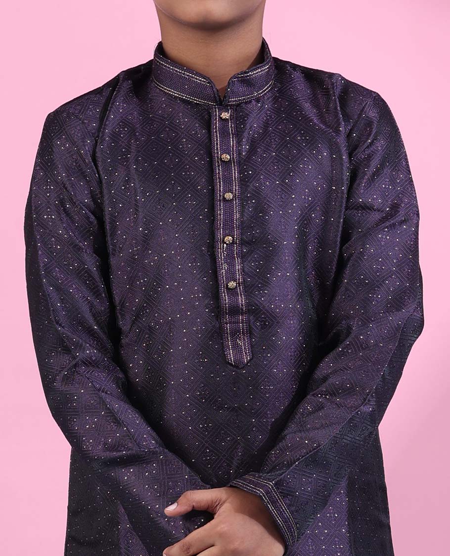 Dark purple raw-silk kurta set, argyle design & glitter work full-sleeve kurta with contrast solid pants