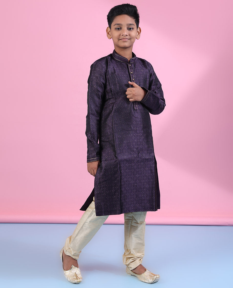 Dark purple raw-silk kurta set, argyle design & glitter work full-sleeve kurta with contrast solid pants