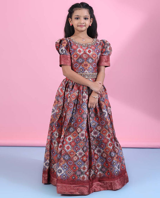 Multi-color intricately printed with pearls, stone & beads embroidered puff-sleeve zari border frock